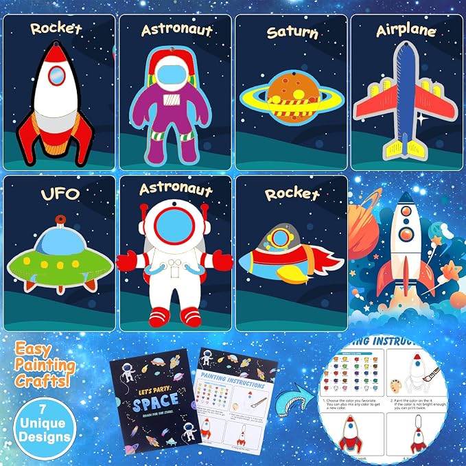 JOTIKO 12 Pack Space Party Favors - Wooden Keychains Painting Kits Toy Arts Crafts for Kids, Out Space Astronaut Birthday Party Return Gifts Activities Goodie Bag Stuffers Classroom Prize Exchange