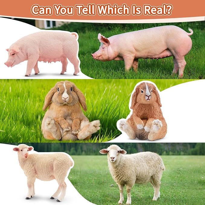 Toymany Realistic 17PCS Farm Animal Figurines Set with Fence, Includes Pigs, Sheeps, Alpaca and Rabbits Figures, Educational Toy Easter Bunny Figures Cake Toppers Birthday Gift for Kids Toddlers