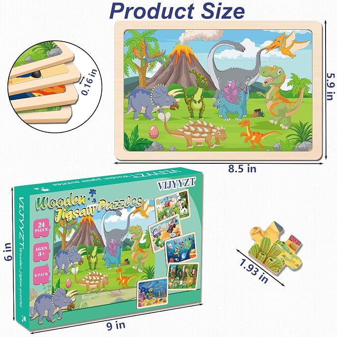 Puzzles for Kids Ages 3-5, Wooden Jigsaw Puzzles 24 Pieces 6 Pack | Colorful Toddler Puzzle Set, Educational Learning Toys, Birthday Gifts for Boys Girls