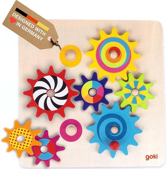 Goki Wooden Spinning Gears 8-Piece Montessori Educational Toys for 3 Year Old STEM Cause & Effect Building Set for Fine Motor Skills & Logical Thinking I Sensory Toys for Toddlers I Gifts for 3+