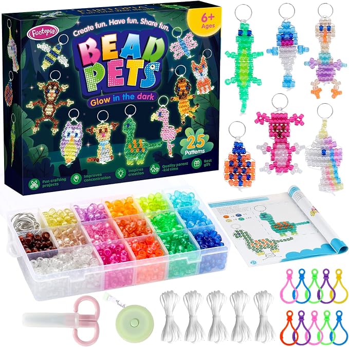 Pony Beads Kit for Keychain Making, Glow in the Dark Bead Pets for Kid Girl | Animal Beaded Kit with 25 Design Instructions Storage Box, Funtopia Beginners Kids Craft, Rainy Day Group and Family Activity