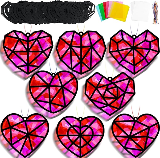 32 Sets Heart Suncatchers Craft Kit for Valentine's Day DIY Window Stained Glass Paper Pink Love Home School Classroom Decor Valentines Art Craft Creative Activity Project Kid Christmas Gift Favor