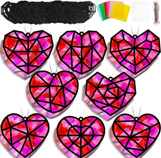 32 Sets Heart Suncatchers Craft Kit for Valentine's Day DIY Window Stained Glass Paper Pink Love Home School Classroom Decor Valentines Art Craft Creative Activity Project Kid Christmas Gift Favor