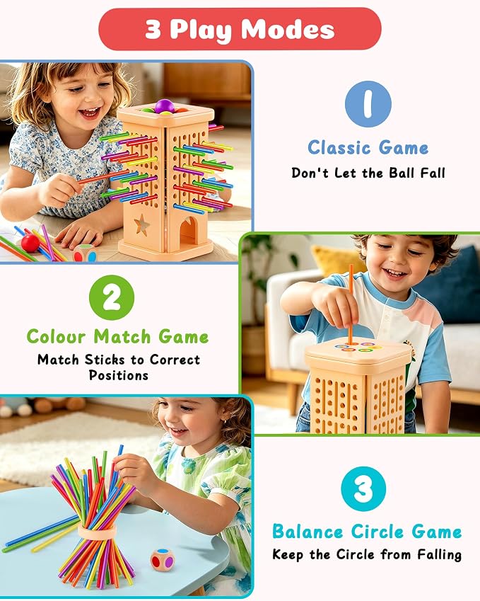 Montessori Wooden Board Game for Kids 3–8, Color Matching Fine Motor Toy | 36 colorful sticks, 3 play modes, fine motor skills & family fun — CPC-certified wood, safe ages 3–8, gift for boys girls
