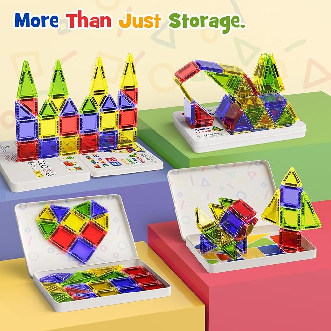 Mini Magnetic Tiles Travel Toys: Airplane Activities for Kids 3-8 | 40pcs Metal Box Play Base & Visual Storage Guide - Road Trip Essentials for Toddlers Quiet Games Portable Sets Must Haves
