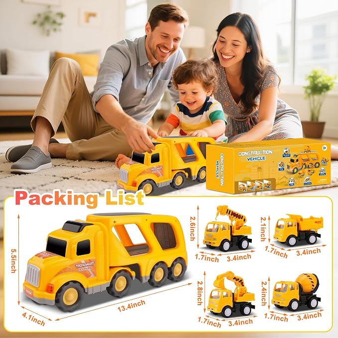 Construction Truck Toys for Toddler 3-4: 5-in-1 Vehicles with Sound Lights | 13 inch Big Carrier 4 Mini Truck - Great for Little Boys Daily Repeat Play - Ideal Christmas Birthday Gifts for Boy Grandkids