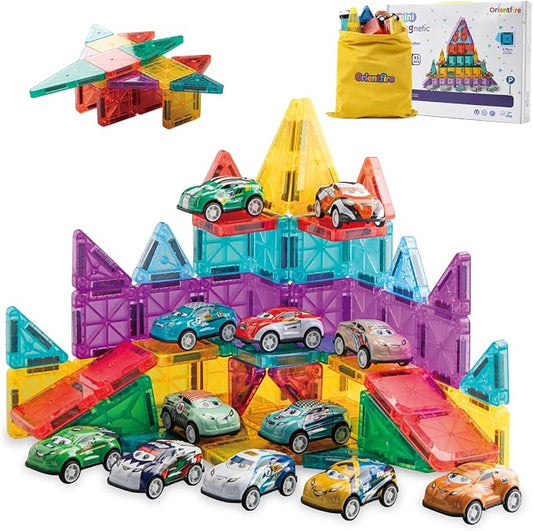 93 PCS Magnetic Tiles Mini Magnetic Building Tiles with Cars, Travel Magnetic Tiles with Storage Bag,STEM Toys for School Acitivities, Ideal Christmas Birthday Gifts for Boys Girls Age 3+ Years Old