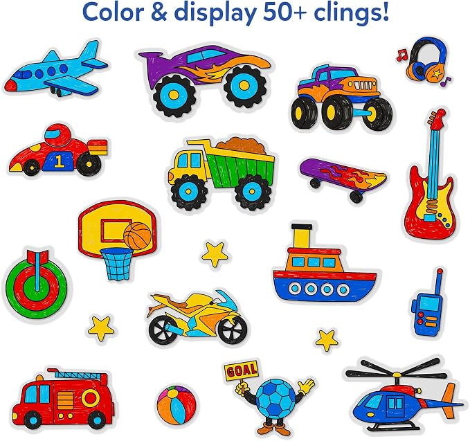 Skillmatics Color Clingz – Cars, Sports, Dinos & More, Reusable Stickers | 50+ DIY Stickers, Travel Toys, Mess-Free, Window Art & Craft Kit, Gifts for Toddlers, Girls & Boys Ages 3, 4, 5, 6, 7