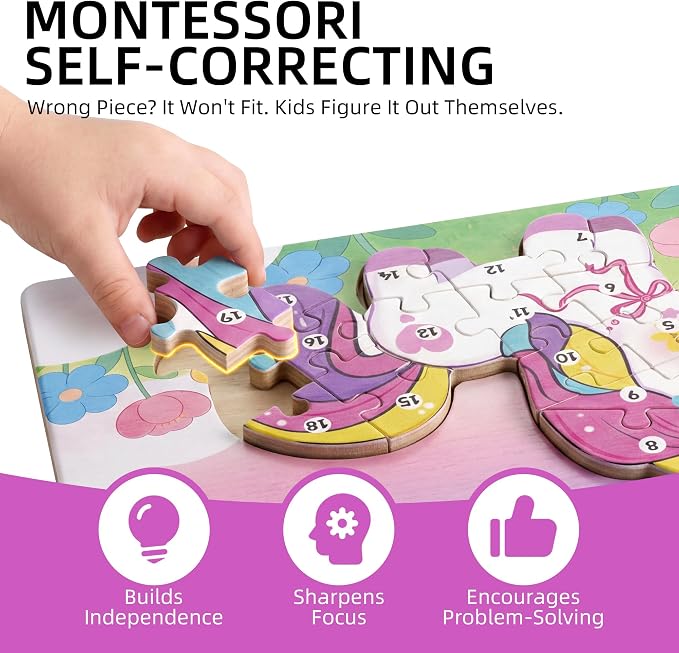 3 Pack 15.7"×8.9" Extra-Large Wooden Puzzle for Toddlers Age 3-5, Mermaid | Extra-Large numbered 1-20 blocks teach counting. Mermaid, castle, pony. Non-toxic, CPC certified, vibrant UV-printed colors