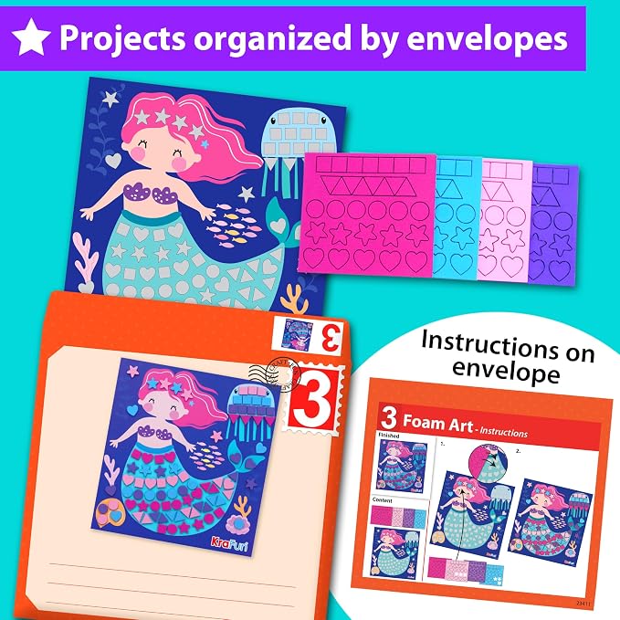 KRAFUN Craft Workshop Kit Ages 3-5 |10 Envelopes, Unicorn & Mermaid | 10 envelope projects: Unicorn, Mermaid, Princess & Llama crafts. Creative educational activities for toddler girls