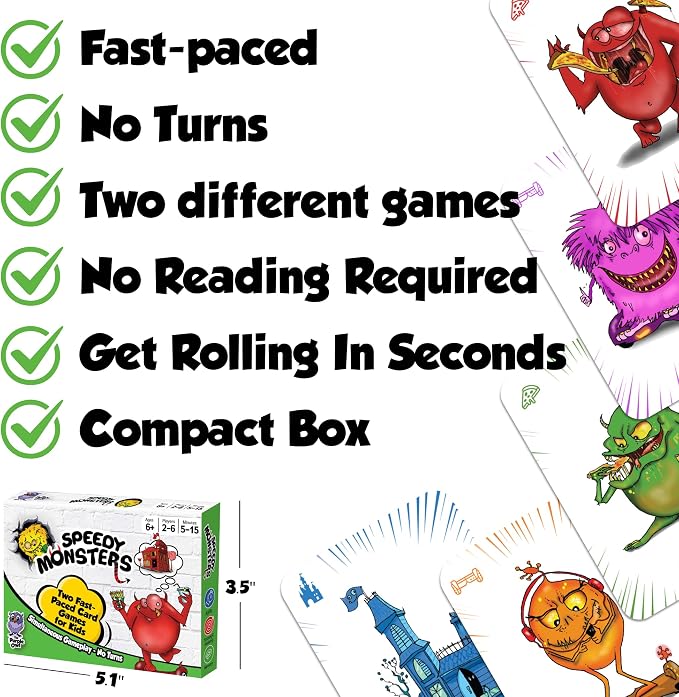 Speedy Monsters-Card Games for Kids Ages 4-8, Fast-Paced Monster Match Game | Two Games in a Box. No Reading Required. No Turns, Simultaneous Play. Builds Agility, Memory & Pattern Skills. 2-6 Players