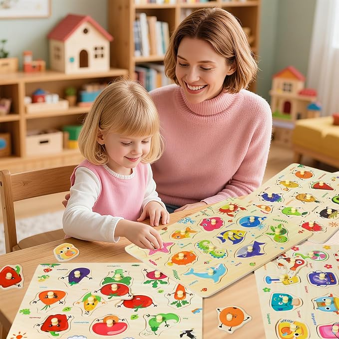 Melofaver 4 PCS Wooden Peg Puzzles for Toddlers, Montessori Kids Puzzle | 4 PCS Toddler Puzzles Set-Fruits, Sea Animals, Home Appliances, Vegetables, Learninng Toys Gift for 3 4 5 Years Boys Girls