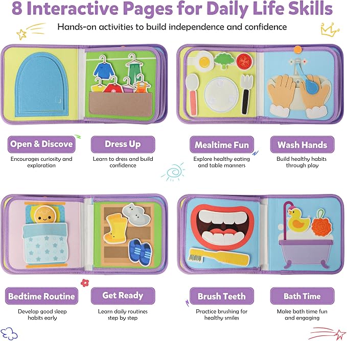 Busy Book for Toddlers 1-3,Montessori Daily Life Felt Activity Book | Practice dressing, eating, hand washing, brushing teeth, bath time and bedtime through 8 interactive felt activities.