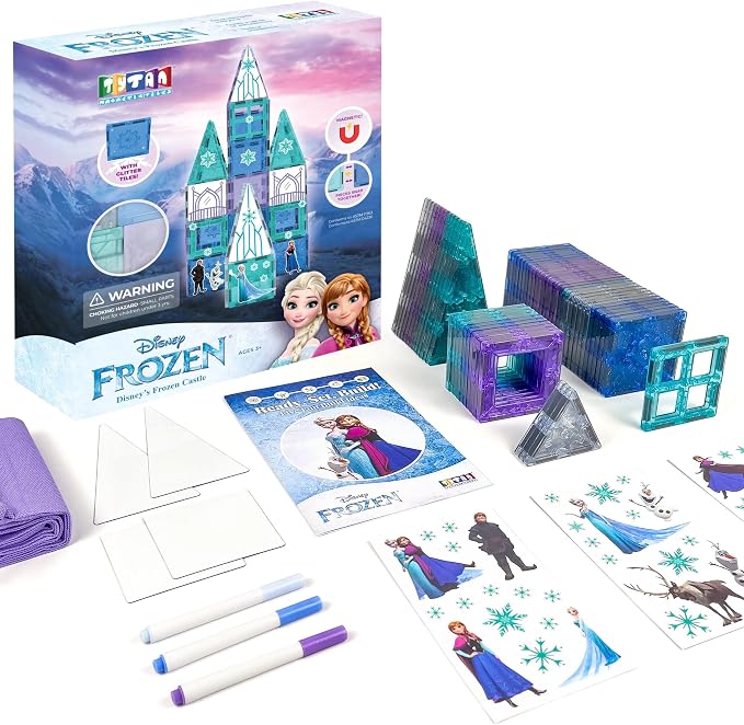 Tytan Toys Disney Frozen Magnetic Tiles Princess Castle - 68-Piece STEAM Building Set with Glitter Tiles & Elsa, Anna, Olaf Stickers - Educational Frozen Toys for Girls Age 3-4+