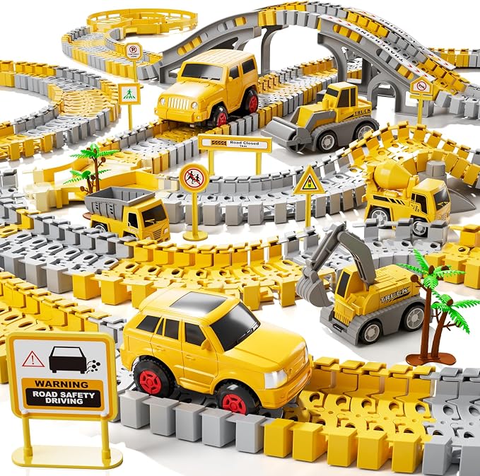 iHaHa Toddlers Construction Race Tracks Toys Gifts for 3 4 5 6 Years Old Boys Kids, 2PCS Electric Race Cars & 4 PCS Construction Trucks, Birthday Gift Toys for Boys 2 3 4 5 6+