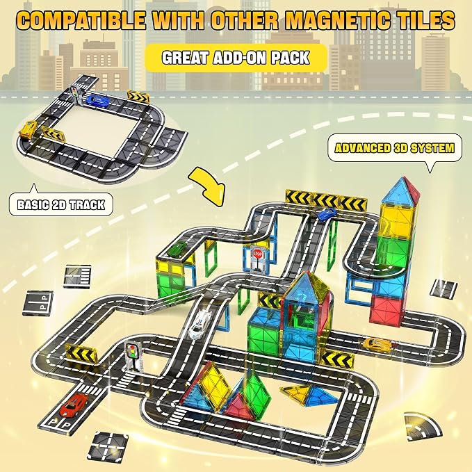 Road Magnetic Tiles for Kids Ages 4-8 with Cars,Ramp Magnet Tiles Boy Toy | Magnetic Tiles Road Expansion Set with Cars, Race Track Magnet Building Blocks,STEM Toys for 4+ Years Old Boy Birthday Gifts