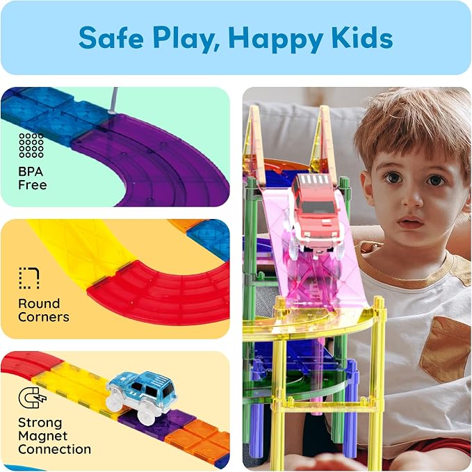 PicassoTiles 100 Piece Magnetic Tiles Race Track Toy Creative Building Set | Ages 3+, premium BPA-free materials, promotes hand eye coordination, sharpens fine motor control, boosts spatial logic skills