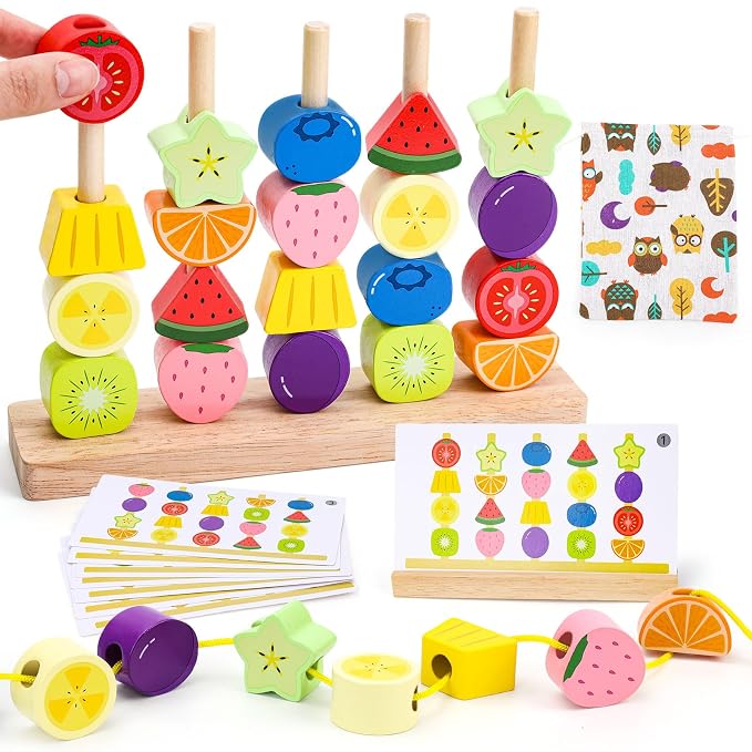 Appoft Montessori Wooden Beads Mastery Kit: Fine Motor Skills Builder for Toddlers 2-5 Stacking Blocks Lacing Beads Travel Learning Toys STEM Gifts for 2 3 4 5 Year Old Boys Girls Toys for Ages 2-4