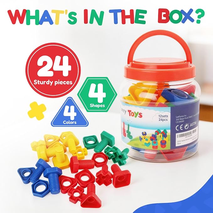 LotFancy Nuts and Bolts, 24pcs Fine Motor Skills Occupational Therapy Toys for Kids, Shapes and Colors Matching Toys, Montessori Building Construction Game with Storage Box for Baby and Toddlers