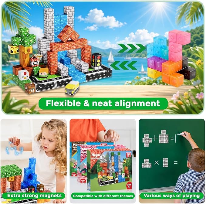 Annexfun Magnetic Blocks - 150PCS Magnetic Building Blocks Road Forest Magnetic Cubes - STEM Toys for Montessori Toddler Birthday Gifts -STEM Sensory Construction Toys for Kids Ages 3+ for Boy & Girl