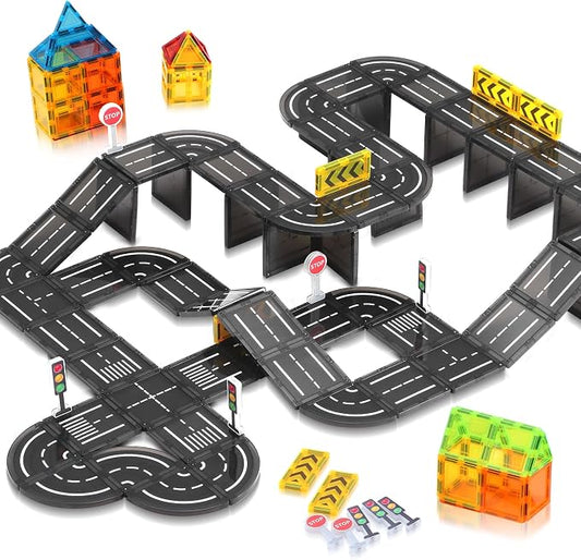 Magnetic Tiles, Construction Magnetic Road Tiles Set, STEM Road Blocks Building Tile, Educational Magnets Tile Toys for Boys Kids Toddlers Ages 3 4 5 6 7 8 9+ Year Old Gifts