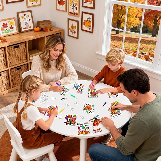 Fall Thanksgiving Crafts for Kids Autumn Activity DIY Arts Kit Puzzle Game | 24 Set Thanksgiving Jigsaw Pumpkin Turkey Owl for Fall Harvest Party Favors Classroom Gifts Blank Coloring Toys Supplies Bulk