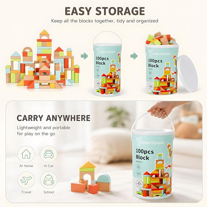 100pcs Building Blocks for Toddlers 1-3, with Storage Bucket | with Shape Sorter, Stacking Toys or 1 2 3 Year Old, Learning Toys for Preschool Girls and Boys