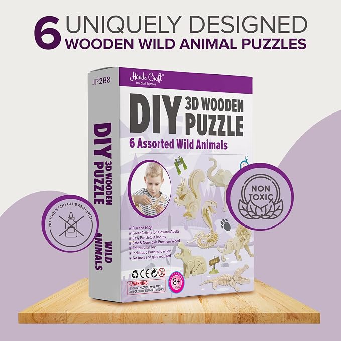 Hands Craft DIY 3D Wooden Puzzle – 6 Assorted Wild Animals Bundle Pack Set Brain Teaser Puzzles Educational STEM Toy Adults and Kids to Build Safe and Non-Toxic Easy Punch Out Premium Wood JP2B8