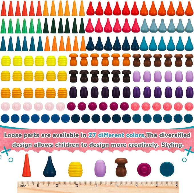Chivao Loose Parts Play Materials Set, Wooden Mandala Toys Kit,162 Pcs | Wood Sensory Play Toys, 27 Rainbow Colors, 7 Shapes Loose Parts, Teens, Students, Early Learning Materials