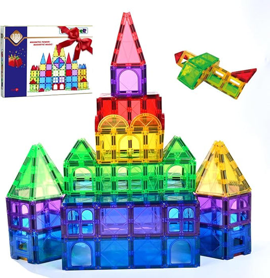 MAGBLOCK 100 Piece Magnetic Tiles,Building Blocks for Kids 3+ | Magnetic Blocks Preschool Building Sets Educational Toys for Kids Boys and Girls,shape & color recognition