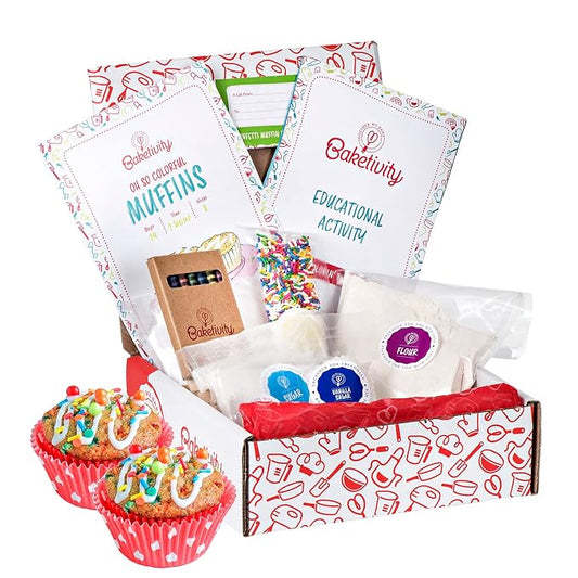 Baketivity Confetti Muffins Kids Baking Kit with Pre-Measured Ingredients | DIY Activity Kit Featuring Easy Recipe, Rainbow Lessons, Coloring Activity Gift Idea for Boys and Girls Ages 6-12