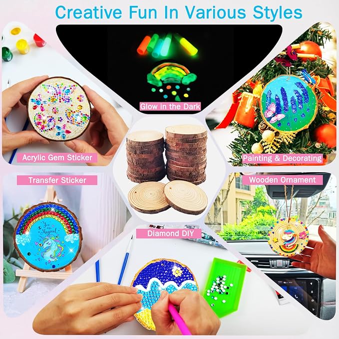 KIRKOTOY Wooden Painting Crafts Kit for Kids with Glow in The Dark | 24 Wood Slices, Arts and Crafts for Kids Ages 6-12, Party Activities Paint Kits, Creative Birthday Gifts for Boys Girls