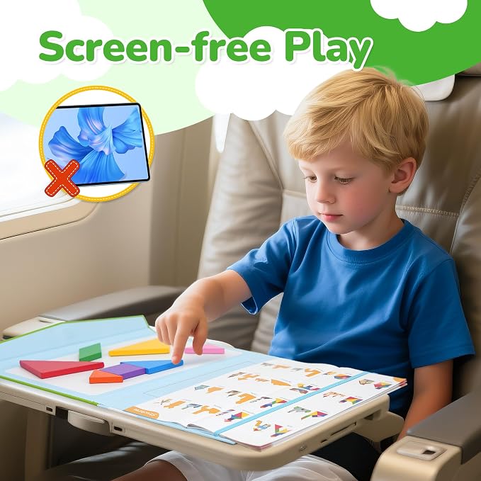 BenBen Magnetic Tangram Puzzle, Wooden Travel Toys Ages 4-8 8-12 | Wooden Dual-Sided Magnetic Board, Travel Games for Road Trips, Car Toys for Kids, STEM Educational IQ Book