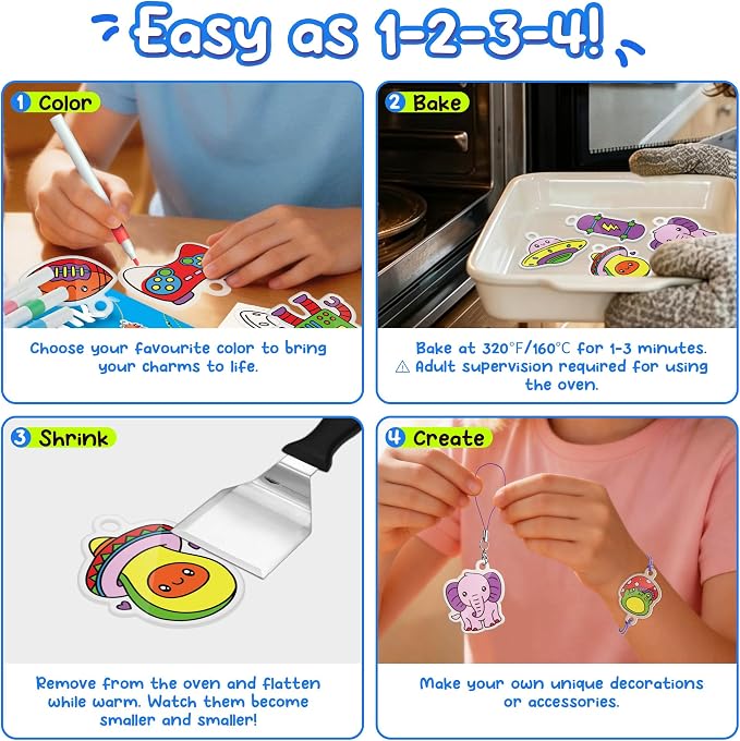 Piano Potato DIY Shrink Art Craft Kit for Kids Ages 6-12 - 30 Pre-Cut Charms & Keychains Making Kit, Mess-Free Creative Activity, Birthday Gift for Boys and Girls 6 7 8 9 10 Years Old