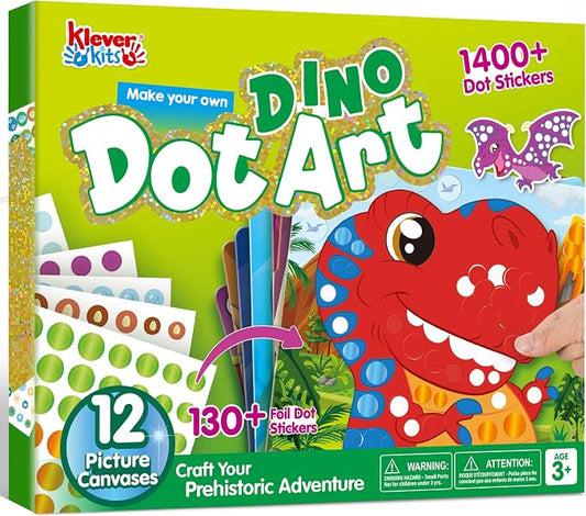 Klever Kits Dot Art Kit for Kids, No Mess Sticker for Kids 3-7, Craft Kits, DIY Creative Activity, Travel Toy, Birthday Gifts for Boys Girls (Dinosaur)