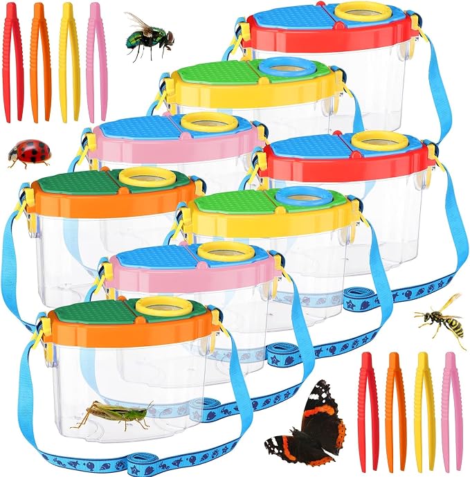 Halloscume 8 Pack Insect Bug Viewer Kit for Kids with Tweezers Explorer Outdoor Set Bug Catcher Containers for Insects Magnifying Insect Box Observation Kit for Science Nature(Bright Colors)