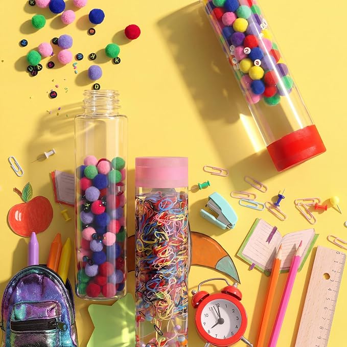 FoldTier 12 Set Letter Sensory Bottles, Plastic Clear Calming Kit | 13.5 oz Bottle, Pom-pom Balls, Alphabet and Number Decor, Clay, Rainbow Tape, Calm Down Jar Filler for Back to School