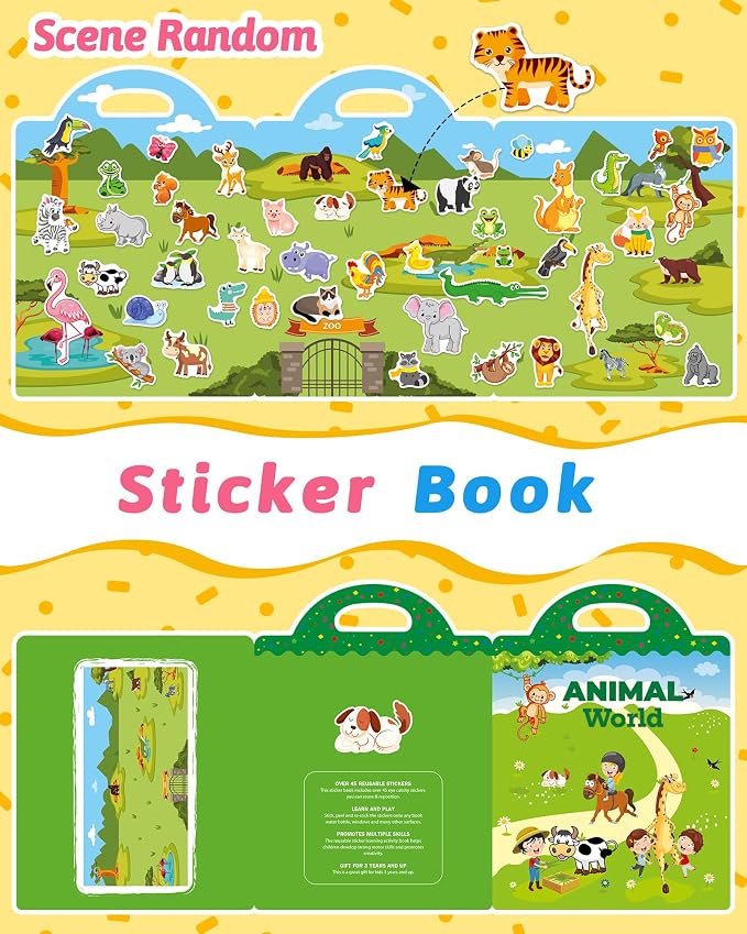 Benresive Reusable Sticker Book for Toddlers, Stickers for Kids, Travel Toy | Toddler Toys, Boys Girls Birthday Gifts, Airplane & Road Trip Essentials Kids, No Mess Waterproof Toddler Crafts Activities