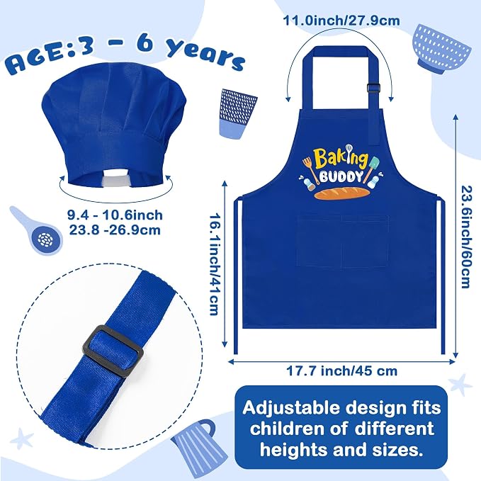 R HORSE 2 Pieces Kid Apron and Chef Hat Set, Dress up Role Play Chef Toy | Blue Baking Buddy Adjustable Children Kitchen Apron for Boy, Ideal for Cooking, Baking, Painting, Cooking Birthday Gift