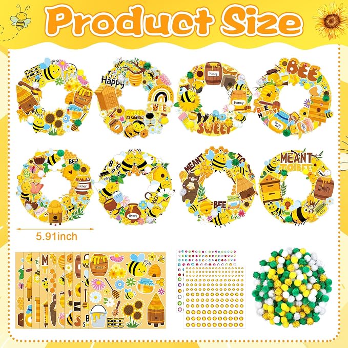 Hollowfly 48 Sets Bee Craft Kits DIY Summer Wreath with Honey Stickers | Paper Bee Crafts for Kids Activities, Sunflower Decorations with Adhesive Honey Stickers, Hanging Ornaments for Party