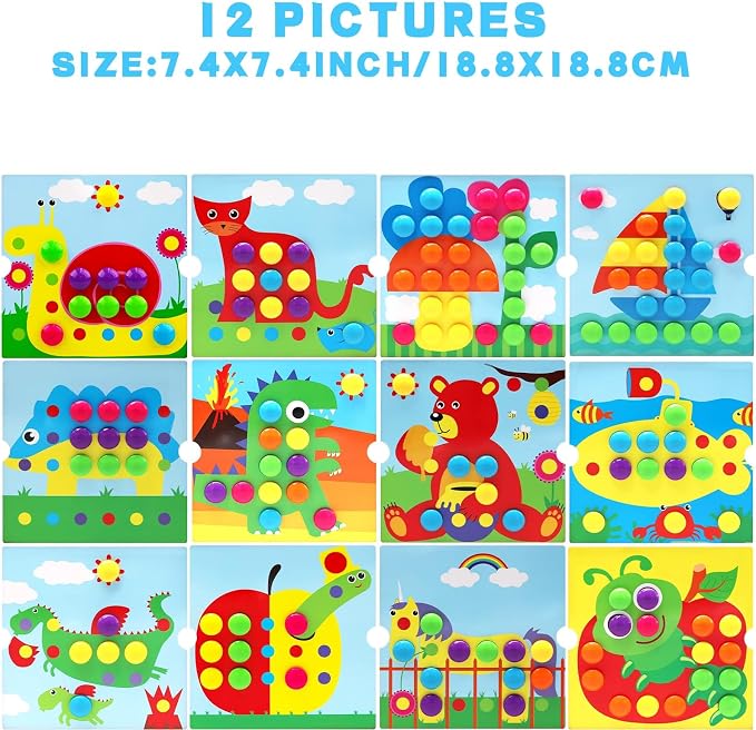 Button Art Pegboard for Toddlers - 12 Pics & 46 Buttons, Gift 3+ | 7.8'' x 7.8'' pegboard with dinosaur theme. Builds fine motor skills, color matching & creativity. Preschool learning gift