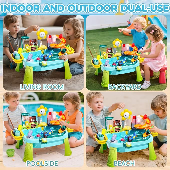 Ploomi Upgraded Toddler Sand Water Table Toy with Electric Water Pump, Kids Sand Water with Faucet/Play Food Accessories/Fishing Toy, Kitchen Play Sink Toys for Girl Boy Age 3+ (Light-Blue)