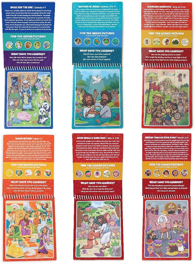 KangaToys 6 Pack of Aqua Brush, Water Reveal, Coloring Scripture Activity Book for Kids. (6 Pack Bible & Book of Mormon Set)