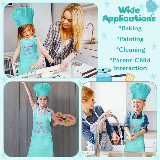 R HORSE Kid Apron and Chef Hat Set 2Pcs Adjustable Green Cooking Children Kitchen Apron, Dress up Role Play Chef Toy Funny Cooking Baking Painting and Training Kit for Kids Birthday Party Gift