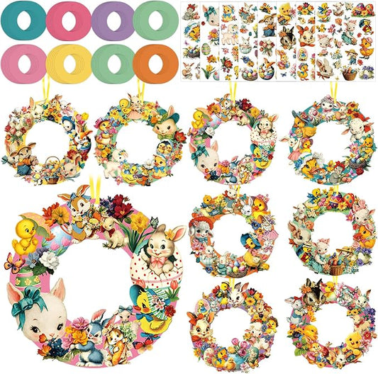Hollowfly 48 Sets Easter Wreath Craft Kits, DIY Spring Bunny Paper Crafts | Includes Stickers and Ribbons, Easter Family Activity, Spring Party Wall Door Hanging Decor, School Crafts