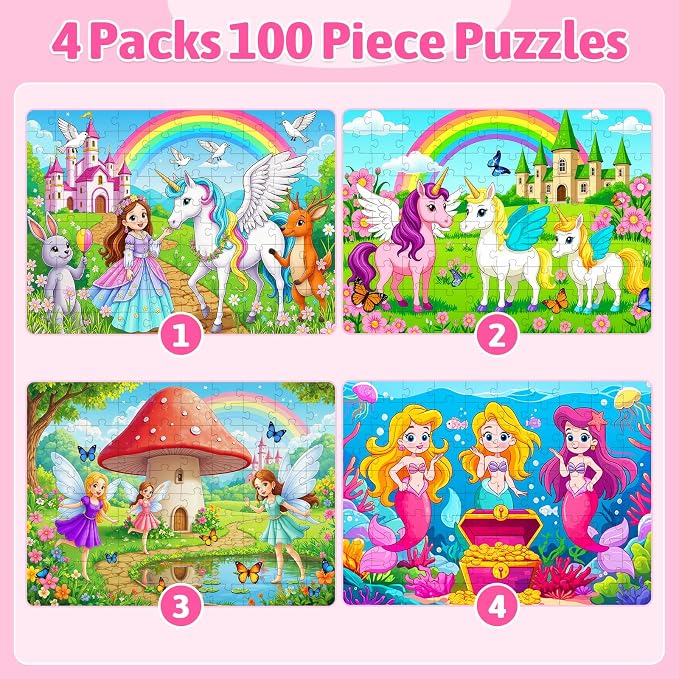100 Piece Puzzles for Kids Ages 4-6 6-8 8-10, 4-Pack Princess Fairy Mermaid Unicorn Jigsaw Puzzles 100 Pieces Kids Puzzles Ages 3-5 4-6 5-8, Learning Toys Educational Gifts for Girls Boys 15x10 in