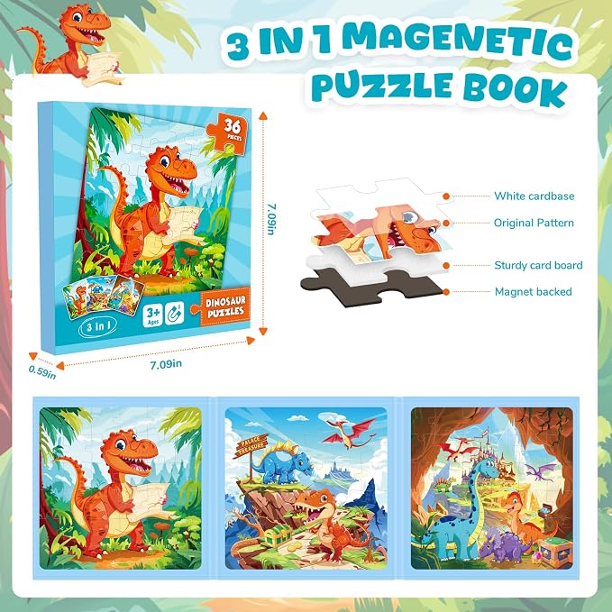 Homicozy Magnetic Puzzles for Toddler Kids 3-8, Dinosaur Travel Toys | 36-Pieces Magnetic Puzzle for Kids Ages 3-5 4-6, Car Airplane Road Trip Activities, Quiet Screen-Free Game, Birthday Gifts