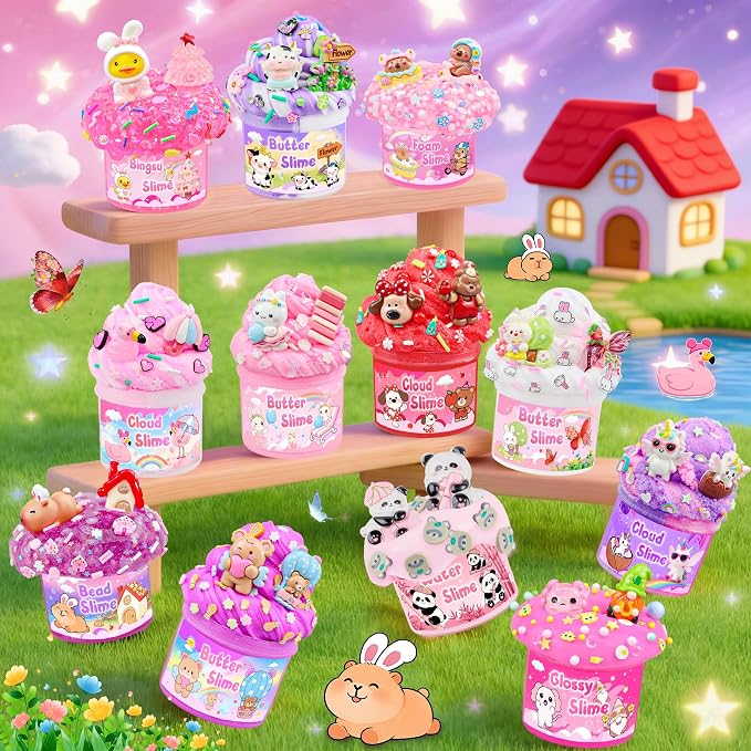 12-Pack Pink Slime Kit for Girls, Butter Cloud Squishy Party Favor Set | Goodie bag stuffers, Easter basket fillers, classroom prizes and sensory slime toys with clear slime for kids ages 4-10