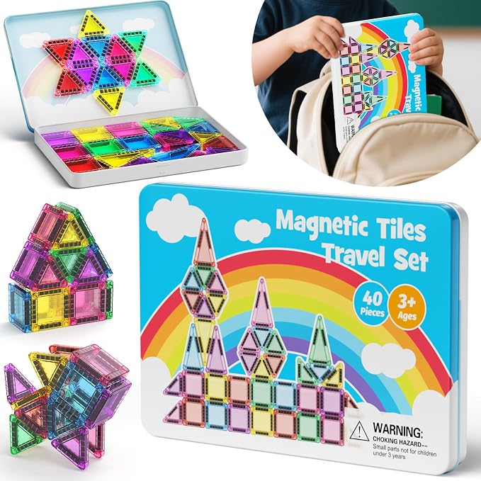 Travel Magnetic Tiles Set Kids: 40pcs Blocks Iron Box Carry,45s Storage | 30+ Mins Screen-Free Quiet Play, Strong Magnets Hold 6 Tiles, for Planes/Car/Restaurant, Ages 4-8