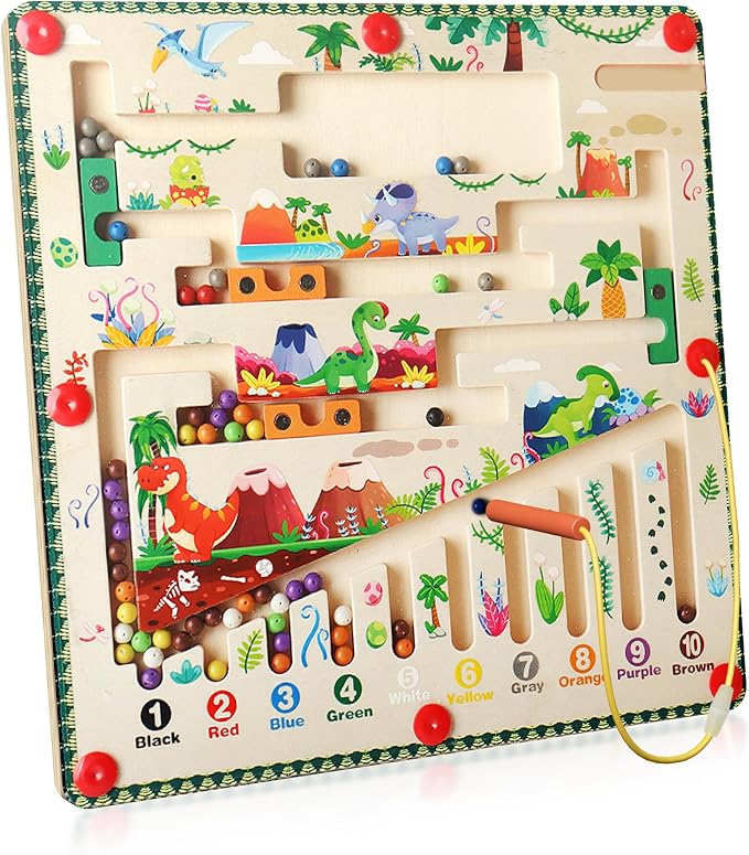 Magnetic Maze for Toddlers 3+, Dinosaur | Color and Number Maze, Montessori Wooden Color Sorting & Counting Board, Fine Motor Skills Preschool Learning Toy